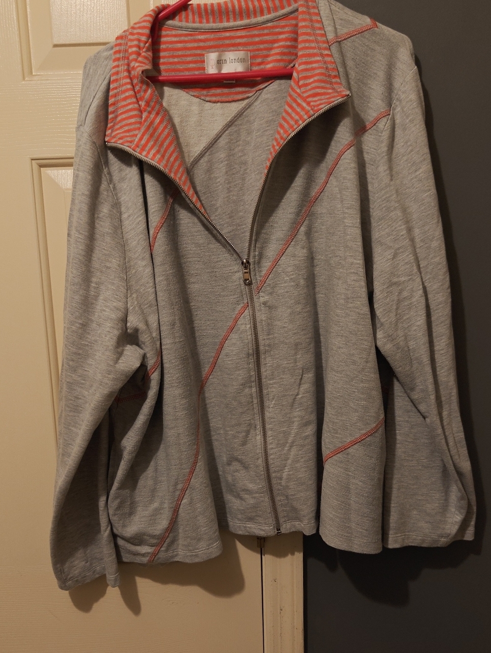 erin london Light Gray Zip-Front Jacket with Coral Stripe Trim